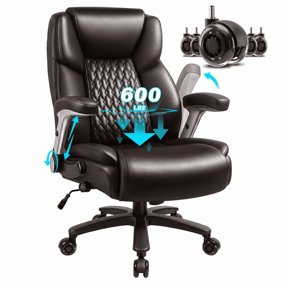Waleaf 600lbs Big and Tall Executive Office Chair with Height Adjustable Flip-Up Armrests, Heavy Duty Computer Desk Chair with Pocket Spring Cushion & Ergonomic Lumbar Support, Brown