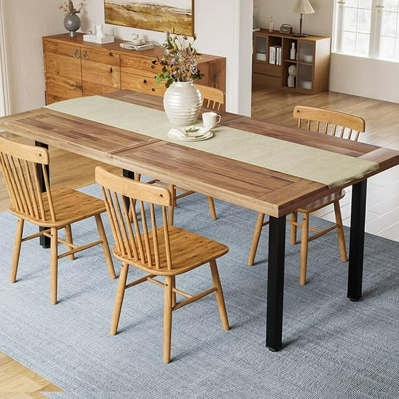 Waleaf 69" Acacia Wood Dining Table Set for 6-8 Person, Natural Indoor Outdoor Kitchen Table with Iron Legs