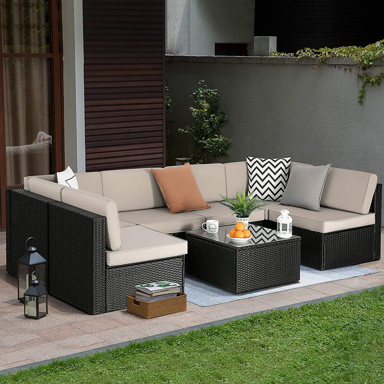 Waleaf 7 Pieces Outdoor Furniture Rattan Sectional Patio Sofa, Outdoor