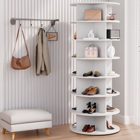 Waleaf 7 Tier Rotating Shoe Rack Tower for Living room,&Entryway, 360° Spinning Shoe Display Lazy Susan, White