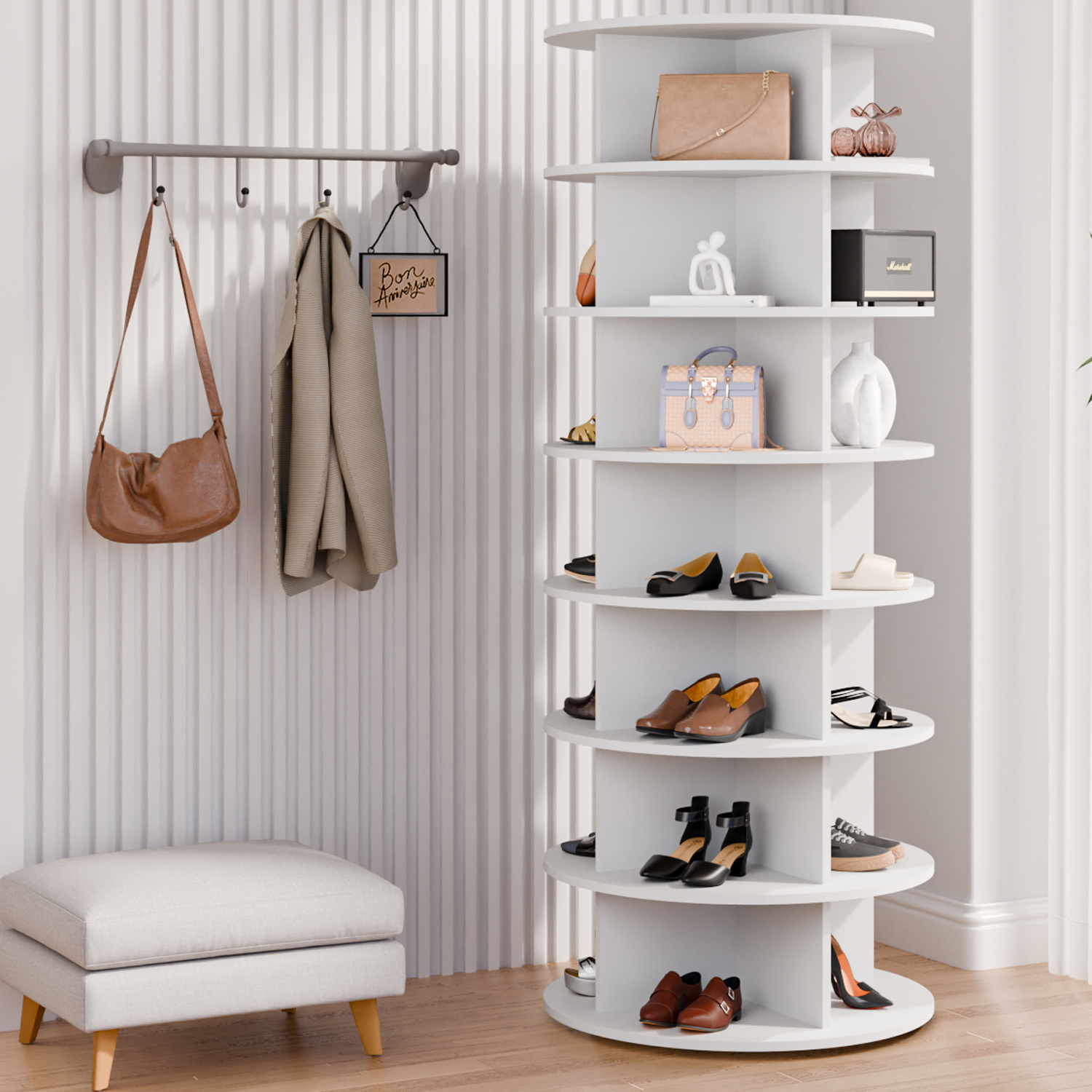 Waleaf 7 Tier Rotating Shoe Rack Tower for Living room,&Entryway, 360° Spinning Shoe Display Lazy Susan, White