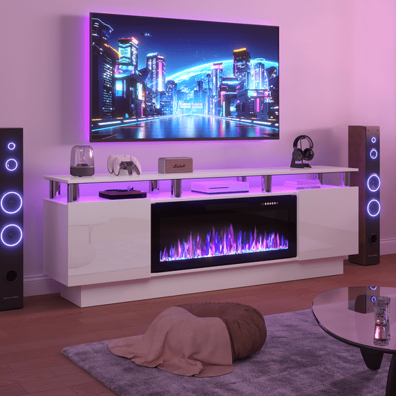 Waleaf 70" Fireplace TV Stand with 8 Stainless Steel Pillars, Modern Entertainment Center with 36" Electric Fireplace for TVs up to 80", Heavy Duty Media Console with LED Lights & Storage Cabinets