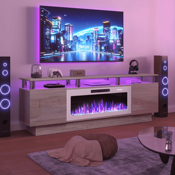 Waleaf 70" Fireplace TV Stand with 8 Stainless Steel Pillars, Modern Entertainment Center with 36" Electric Fireplace for TVs up to 80", Heavy Duty Media Console with LED Lights & Storage Cabinets