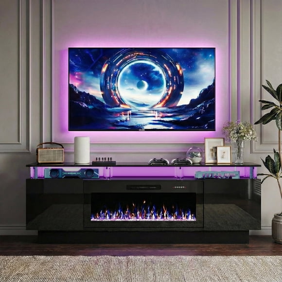 Waleaf 70" Fireplace TV Stand with Glowing Acrylic Pillars, 36" Electric Fireplace for TVs Up to 80", High Gloss Entertainment Center with 20-Color LED Lights, Black