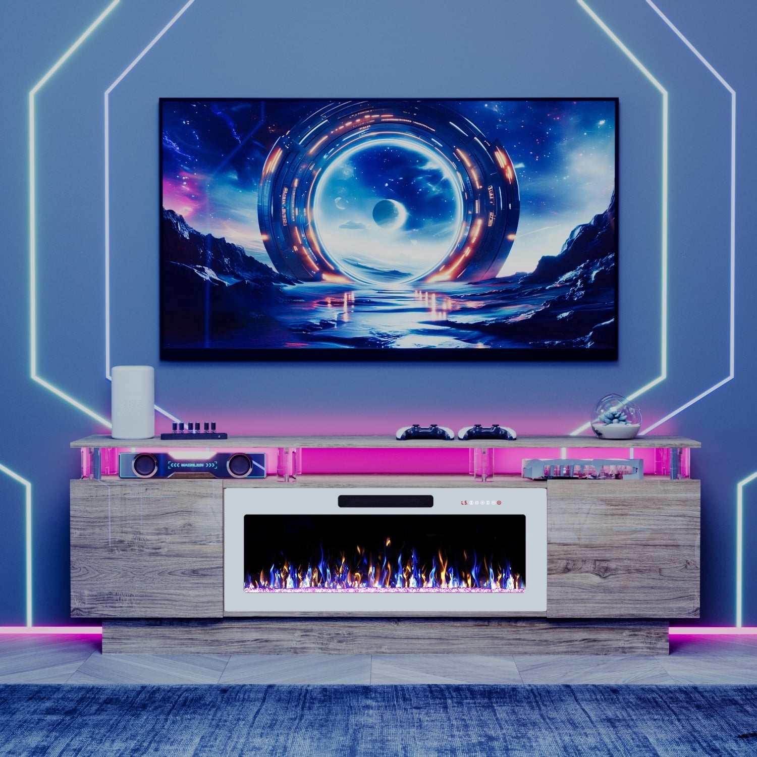 Waleaf 70" Fireplace TV Stand with Glowing Acrylic Pillars, 36" Electric Fireplace for TVs Up to 80", High Gloss Entertainment Center with 20-Color LED Lights, Gray