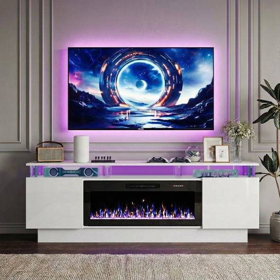 Waleaf 70" Fireplace TV Stand with Glowing Acrylic Pillars, 36" Electric Fireplace for TVs Up to 80", High Gloss Entertainment Center with 20-Color LED Lights, White