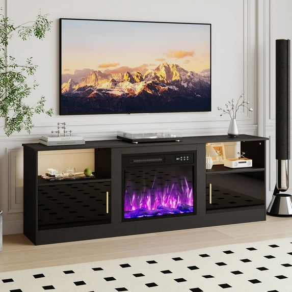 Waleaf 70" Fireplace TV Stand with 23" Electric Fireplace, LED Lighted Entertainment Center, Adjustable Flame LED Color for TVs up to 80", Black