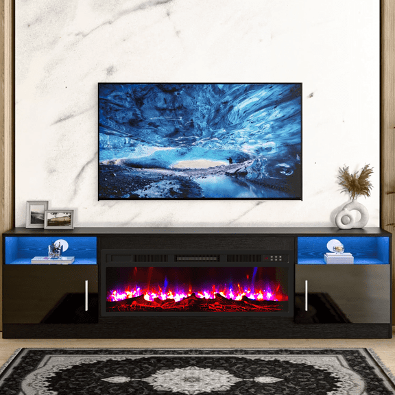 Waleaf 70" Fireplace TV Stand with 36'' Fireplace Up to 80" TVs, Media TV Console with Highlight Storage Cabinet