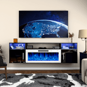 Waleaf 70 Floating Fireplace TV Stand for TVs up to 80, Wall Mounted Entertainment Center with 36 Electric Fireplace, High Gloss Cabinet Doors and 20-Color LED Lights, Black Media Console