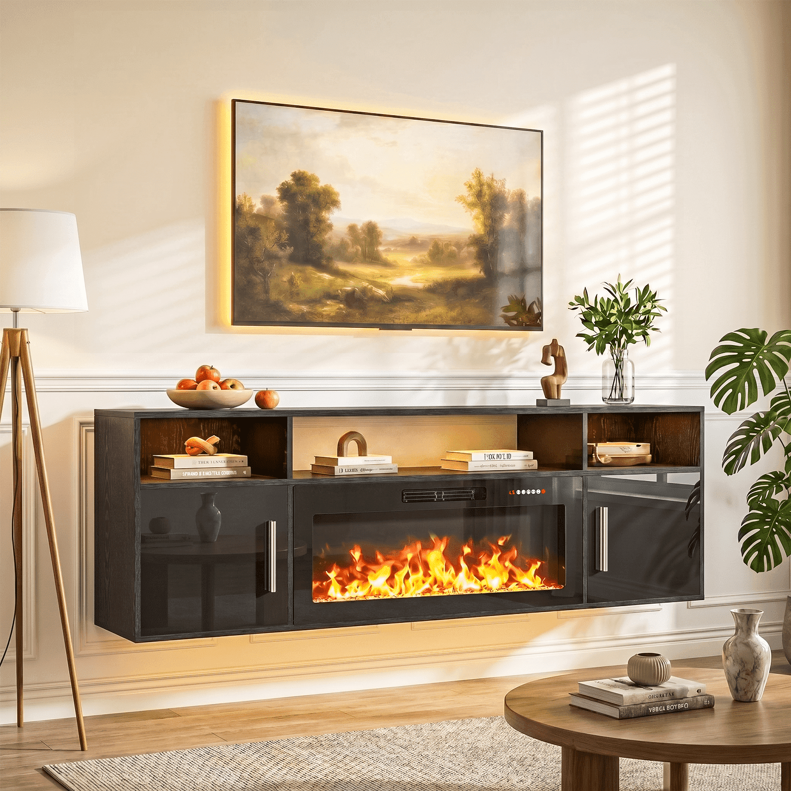 Waleaf 70'' Floating Fireplace TV Stand for TVs up to 80'', Wall Mounted Entertainment Center with 36'' Electric Fireplace, High Gloss Cabinet Doors and 20-Color LED Lights