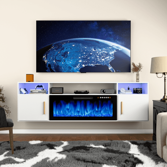 Waleaf 70'' Floating Fireplace TV Stand for TVs up to 80'', Wall Mounted Entertainment Center with 36'' Electric Fireplace, High Gloss Cabinet Doors and 20-Color LED Lights