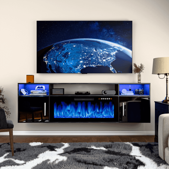 Waleaf 70'' Floating TV Stand with 36'' Electric Fireplace, Entertainment Center with Adjustable Shelves, Floating TV Console for Living Room,Black