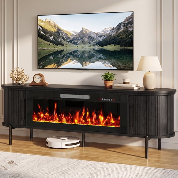 Waleaf 70" Fluted TV Stand with 40" Electric Fireplace, Mid Century Modern Entertainment Center for TVs Up to 80", Sliding Door Media Console for Living Room, Bedroom