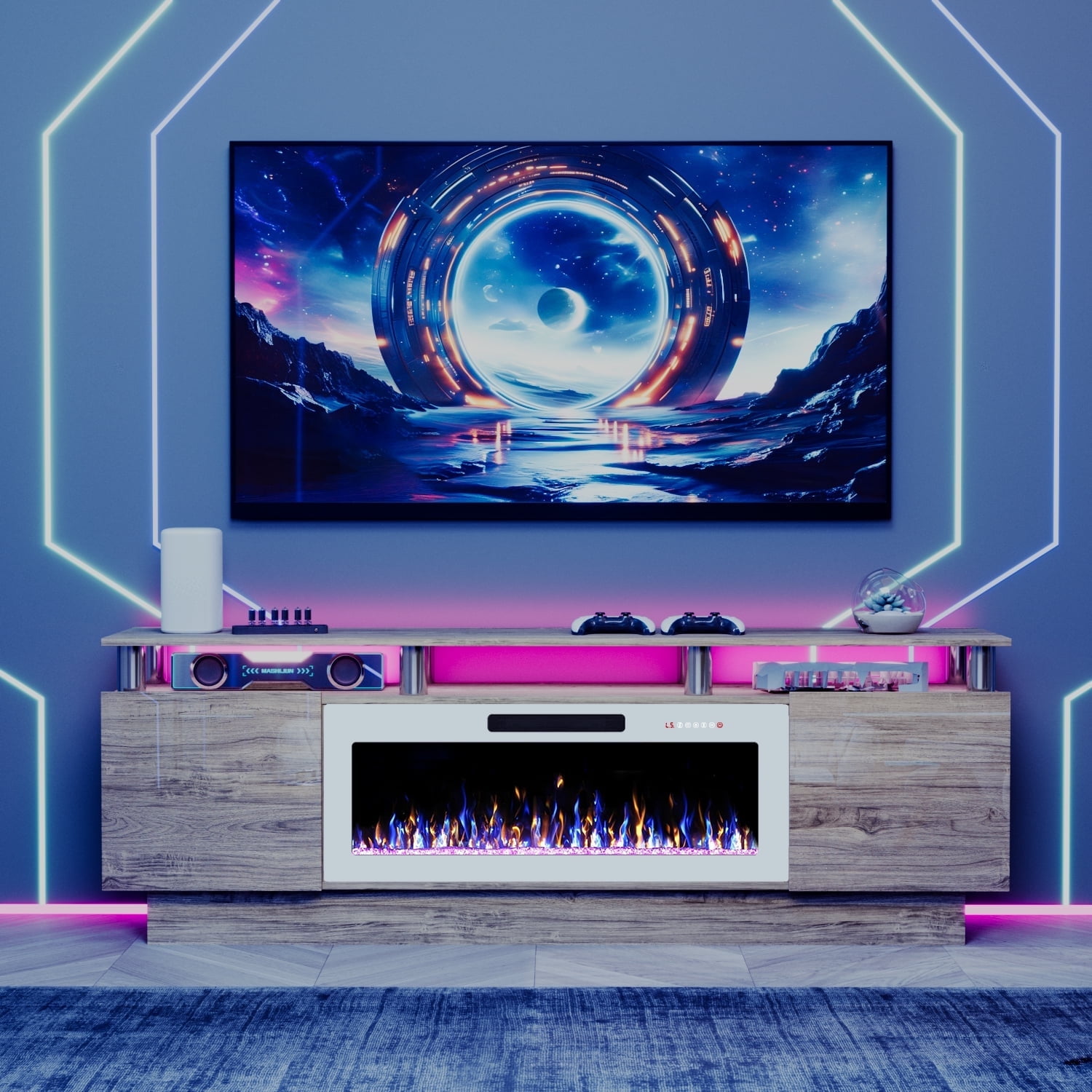 Waleaf 70" Modern Fireplace TV Stand with 36" Fireplace for TVs Up to 80", 2 Tier TV Console Stand for Living Room