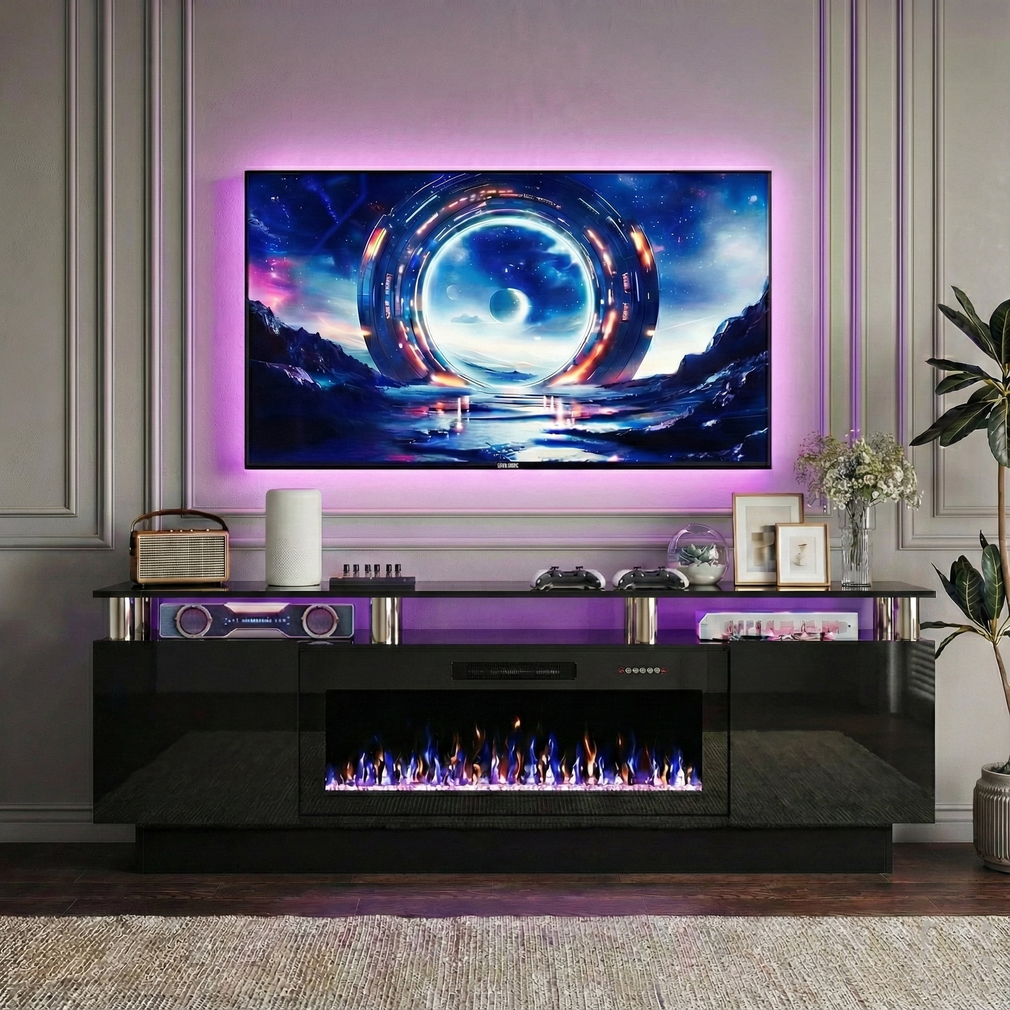 Waleaf 70" Modern Fireplace TV Stand with 36" Fireplace for TVs Up to 80", 2 Tier TV Console Stand for Living Room