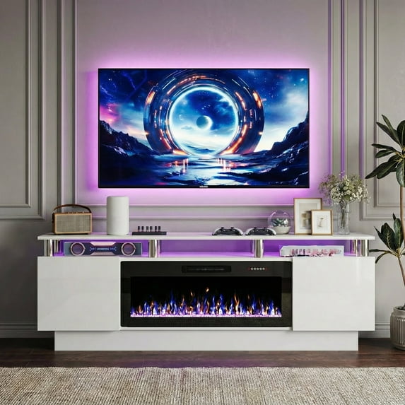 Waleaf 70" Modern Fireplace TV Stand with 36" Fireplace for TVs Up to 80", 2 Tier TV Console Stand for Living Room