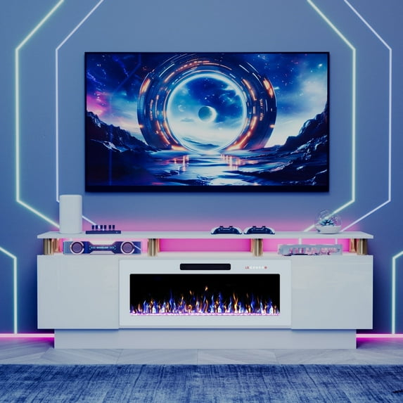 Waleaf 70" Modern Fireplace TV Stand with 36" Fireplace for TVs Up to 80", 2 Tier TV Console Stand for Living Room