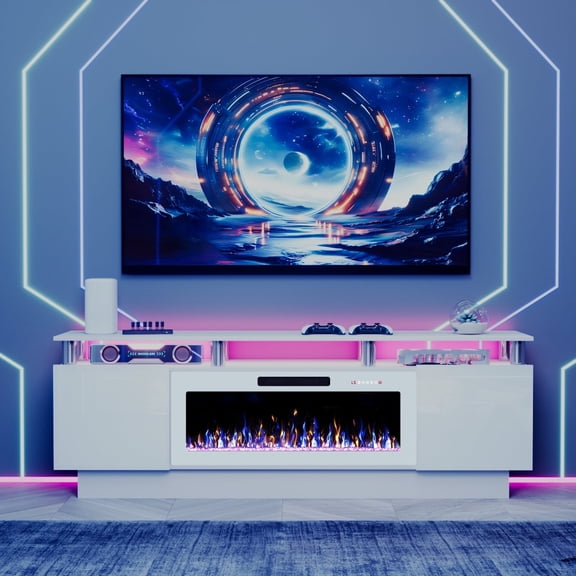 Waleaf 70" Modern Fireplace TV Stand with 36" Fireplace for TVs Up to 80", 2 Tier TV Console Stand for Living Room