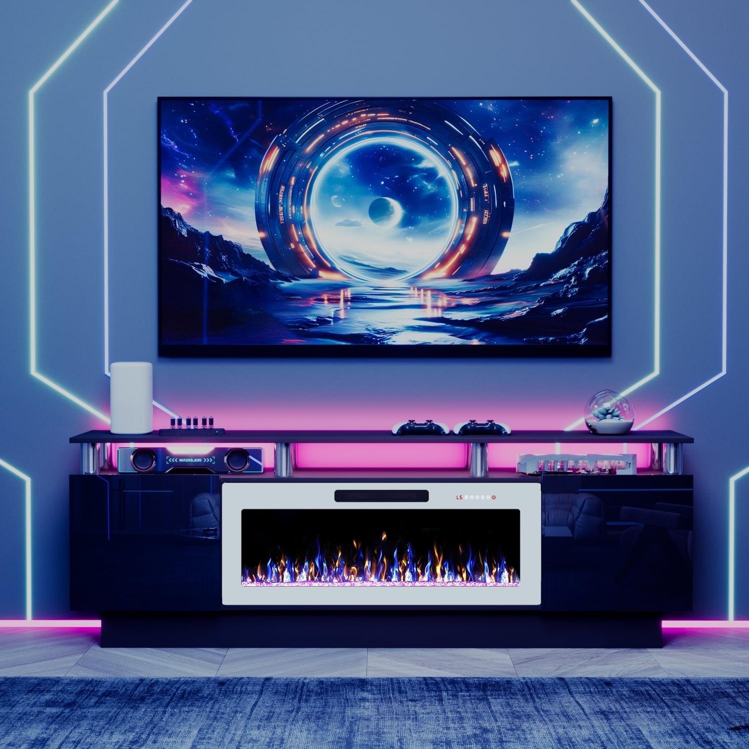 Waleaf 70" Modern Fireplace TV Stand with 36" Fireplace for TVs Up to 80", 2 Tier TV Console Stand for Living Room