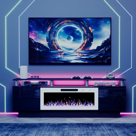 Waleaf 70" Modern Fireplace TV Stand with 36" Fireplace for TVs Up to 80", 2 Tier TV Console Stand for Living Room