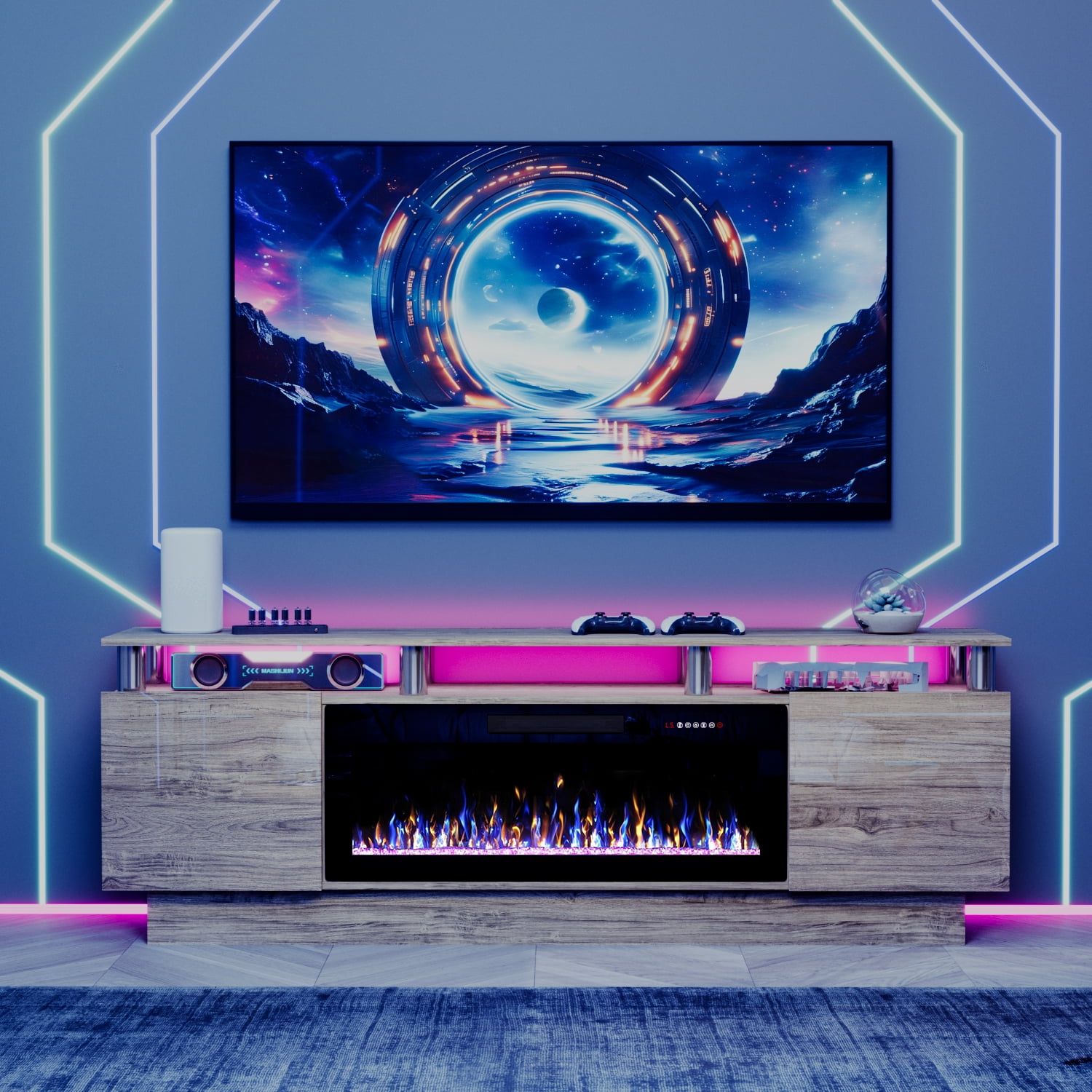Waleaf 70" Modern Fireplace TV Stand with 36" Fireplace for TVs Up to 80", 2 Tier TV Console Stand for Living Room
