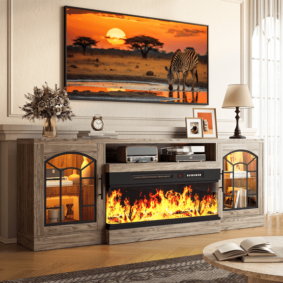 Waleaf 70" TV Stand with 3-Sided Glass Electric Fireplace, Modern Media Entertainment Center for TVs up to 80", Slim Wood Console with 21-Mode LED Lights & Adjustable Shelves