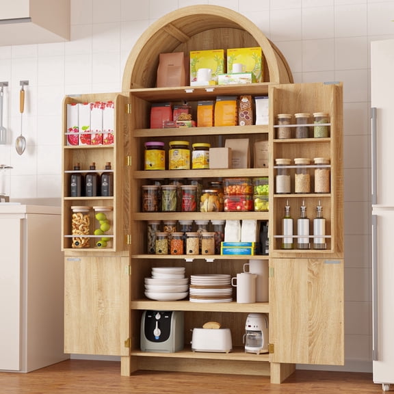 Waleaf 71" Arched Pantry Storage Cabinet with Door Racks, Modern Fluted Kitchen Cabinet & Bathroom Organizer, Tall Cupboard with Adjustable Shelves for Dining or Coffee Bar, Natural Finish