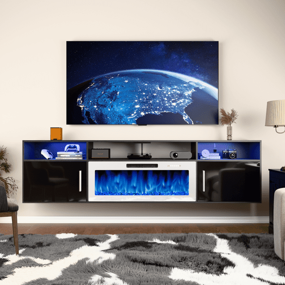 Waleaf 80'' Floating TV Stand with 36'' Electric Fireplace, Entertainment Center with Adjustable Shelves, Floating TV Console for Living Room,Black