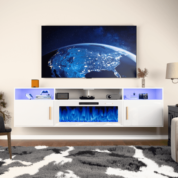 Waleaf 80'' Floating TV Stand with 36'' Electric Fireplace, Entertainment Center with Adjustable Shelves, Floating TV Console for Living Room,White