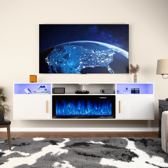 Waleaf 80'' Floating TV Stand with 36'' Electric Fireplace, Entertainment Center with Adjustable Shelves, Floating TV Console for Living Room,White
