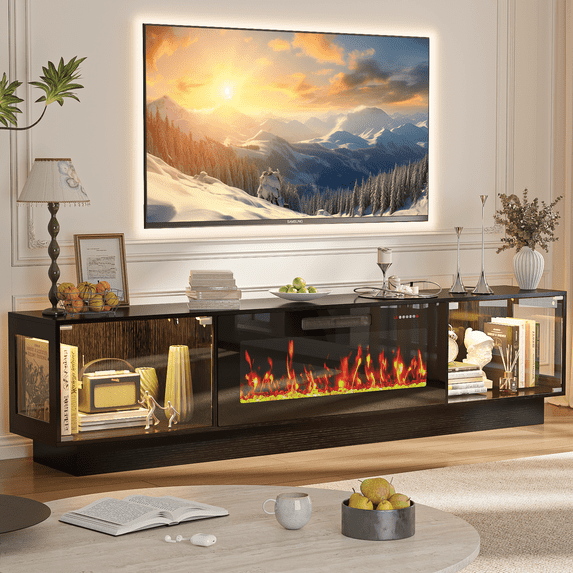 Waleaf 80" TV Stand with 36" Electric Fireplace, Mid Century Modern Entertainment Center for TVs Up to 90", LED Lights & Storage Cabinet, Living Room, Black