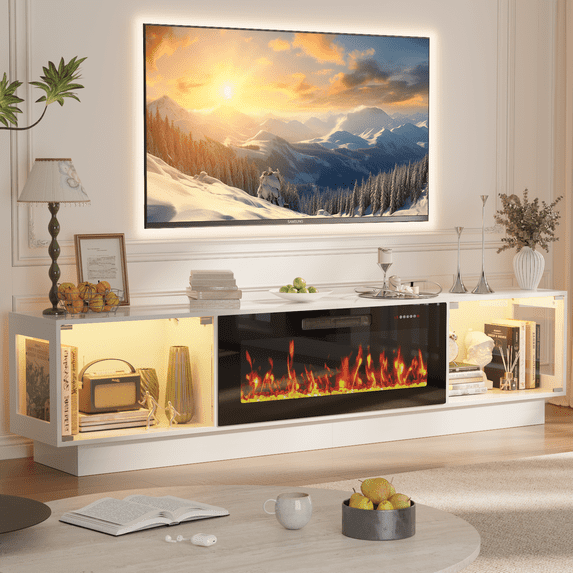 Waleaf 80" TV Stand with 36" Electric Fireplace, Mid Century Modern Entertainment Center for TVs Up to 90", LED Lights & Storage Cabinet, Living Room, White