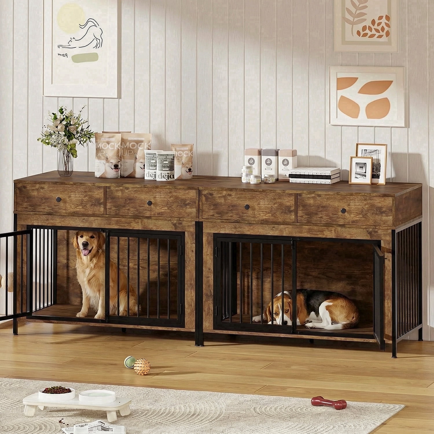 Waleaf 88 inch Double Dog Crate Furniture with 4 Storage Drawers,Wooden ...