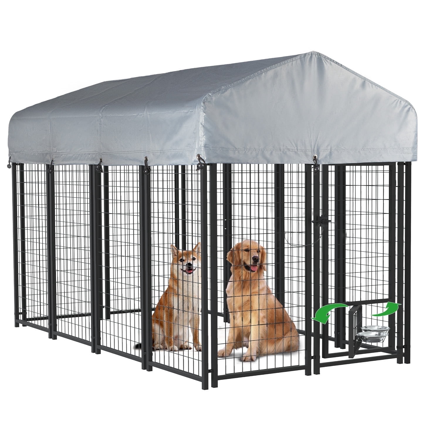 Waleaf 8x4x4 ft Outdoor Dog Kennel Cage for Large Dogs,Large Dog Kennel with Rotating Bowls for Outdoor,Pet Dog Run Enclosures for Dog Crate with Waterproof UV-Resistant Cover and Secure Lock