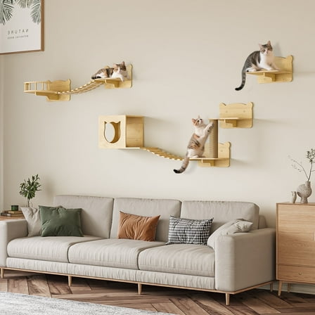 Waleaf 9 Piece Cat Wall Shelves for Indoor cats,Wall Mounted Cat Climber Set with House,Tunnel,Bridge,Steps,Scratcher,Bed