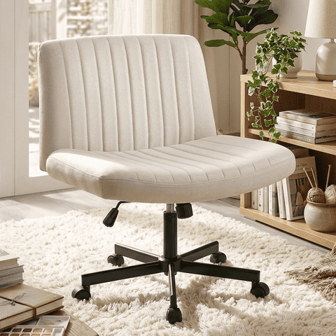 Waleaf Armless Office Chair with Wheels, Criss Cross Desk Chair, Wide Seat Adult Vanity Chair,Beige