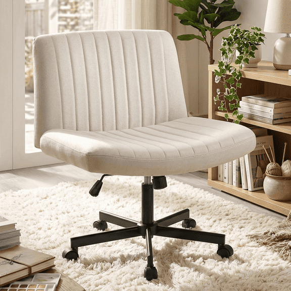 Waleaf Armless Office Chair with Wheels, Criss Cross Desk Chair, Wide Seat Adult Vanity Chair,Beige