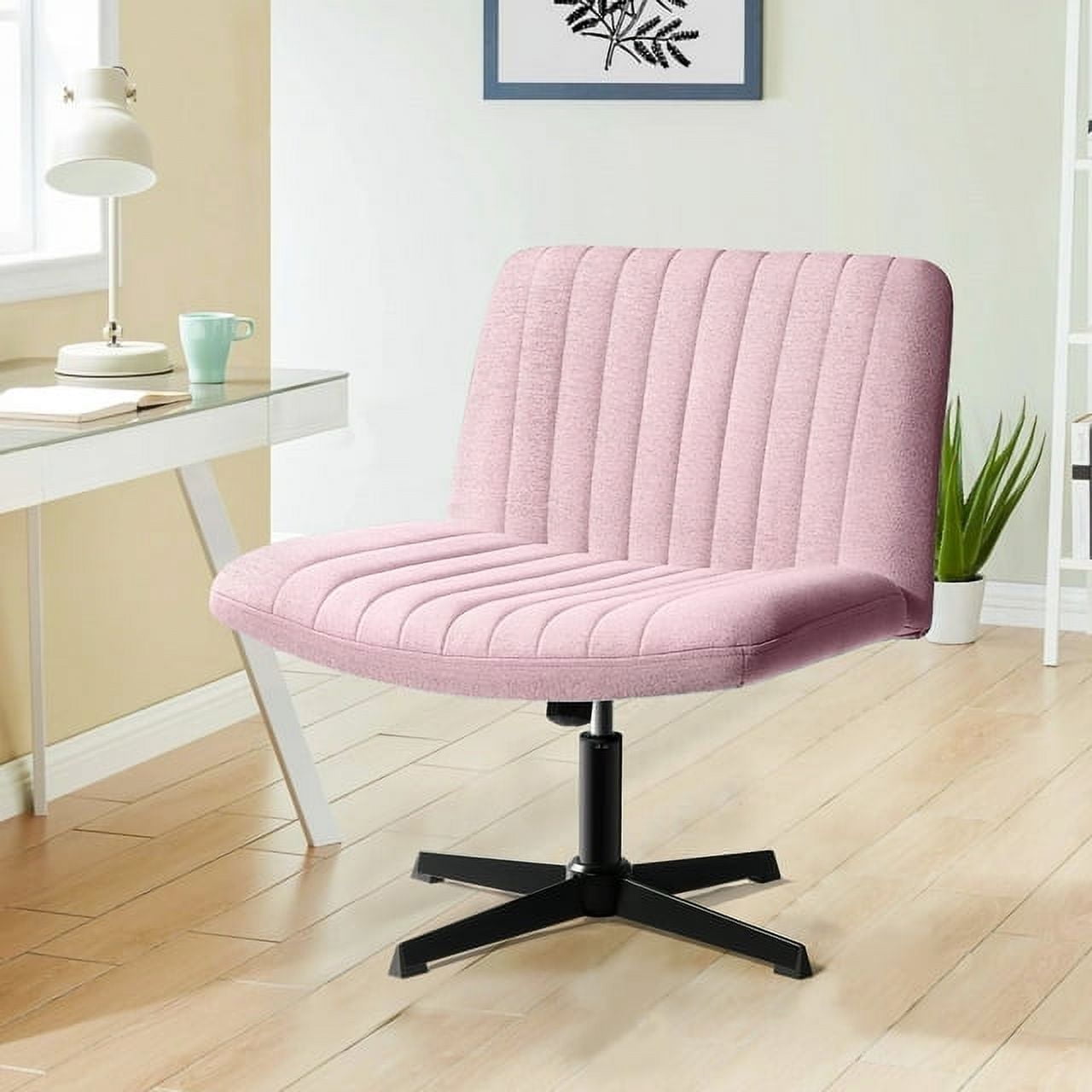 Waleaf Armless Office Desk Chair No Wheels,Fabric Padded Modern Swivel Vanity Chair,Height Adjustable Wide Seat Computer Chair