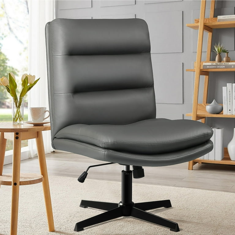 Waleaf Armless Office Desk Chair No Wheels,PU Leather Criss Cross Legged  Chair for Home Office,Modern Swivel Vanity Chair,High Back Computer Chair,Height  Adjustable Wide Seat Task Chair 