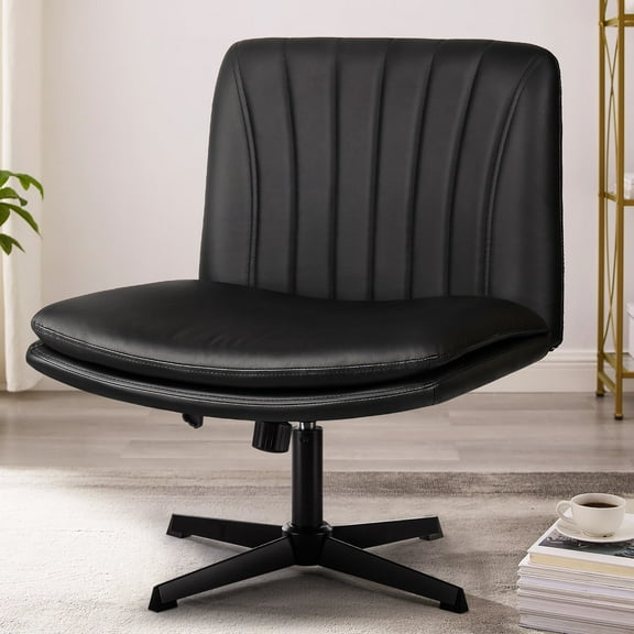 Waleaf Armless Office Desk Chair No Wheels,PU Padded Modern Swivel Criss Cross Legged Chair