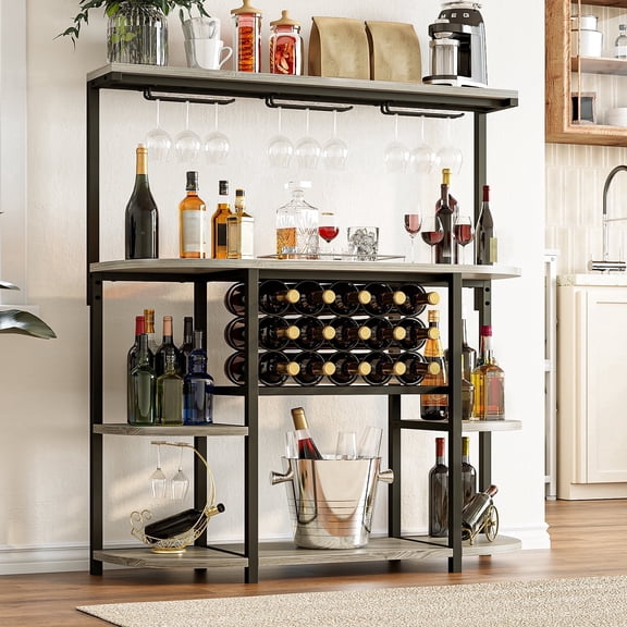 Waleaf 4-Tier Wine Bar Cabinet with Glass Holder, Floor Standing Metal Home Wine Rack Storage for 15 Bottles and 9 Glasses, Coffee Bar for Kitchen, Dining Room, Gray