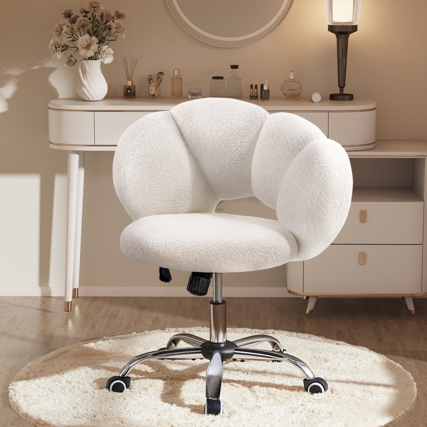 Waleaf Boucle Upholstered Desk Chair Flowers-Shaped Vanity Chair with ...