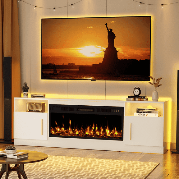 Waleaf 70inch Cable Management Television Stand with Electric Fireplace, Wood White