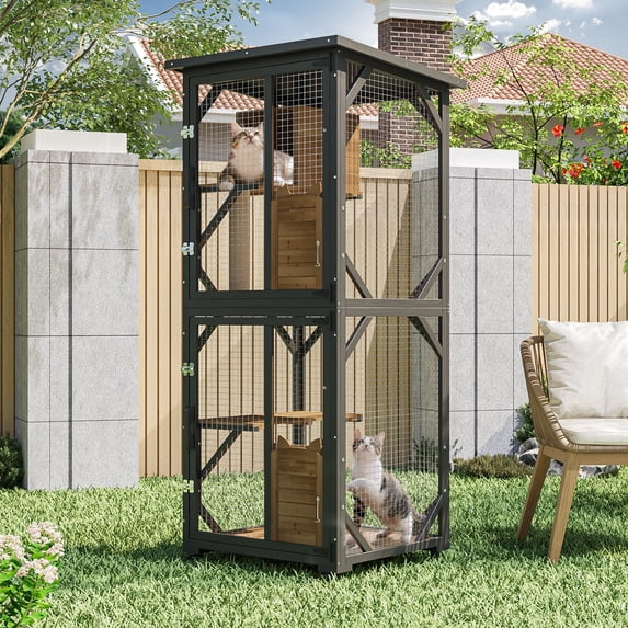 Waleaf Catio Outdoor Cat Enclosures, 4 Tiers Outdoor/Indoor Cat House with Wheels, Waterproof Roof, Platforms, Resting Box (Black)