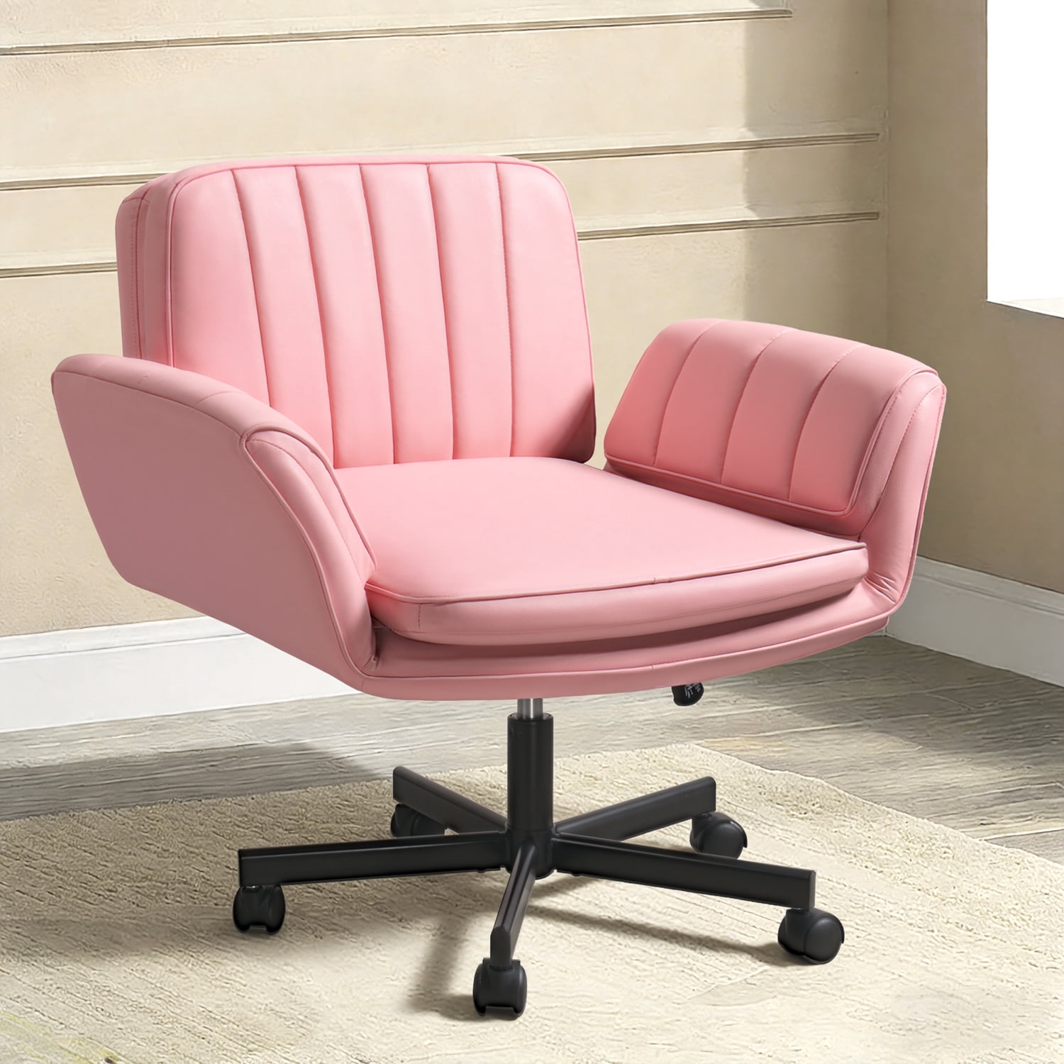 Waleaf Criss Cross Chair with Wheels & Armrests, Criss Cross Office Swivel Chair, PU Leather Vanity Chair with Back, Beige Comfortable Adjustable Vanity Desk Chairs for Home Office and Bedroom