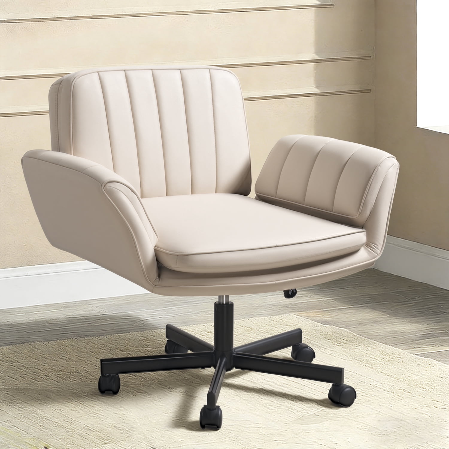 Waleaf Criss Cross Chair with Wheels & Armrests, Criss Cross Office Swivel Chair, PU Leather Vanity Chair with Back, Beige Comfortable Adjustable Vanity Desk Chairs for Home Office and Bedroom