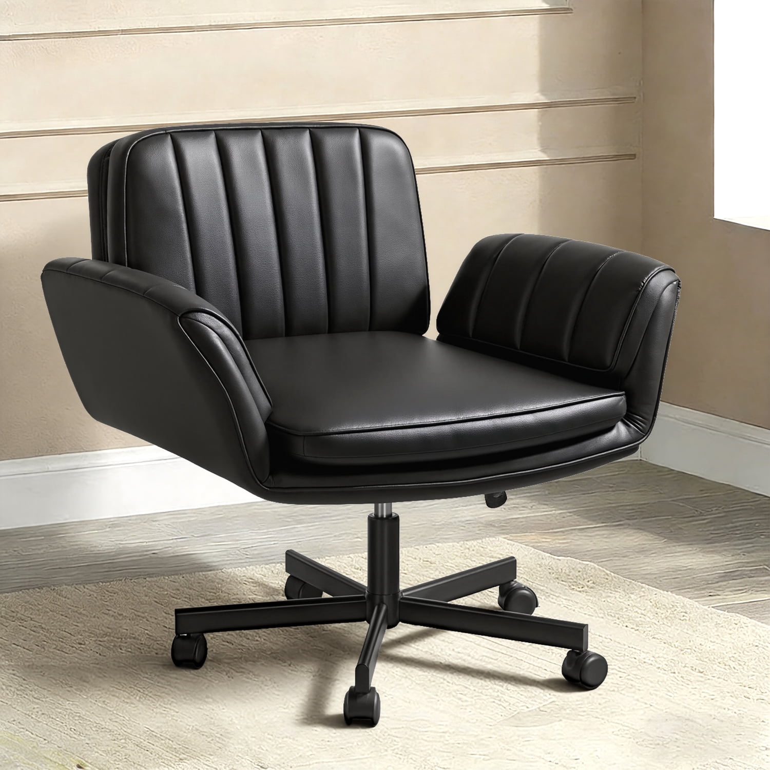 Waleaf Criss Cross Chair with Wheels & Armrests, Criss Cross Office Swivel Chair, PU Leather Vanity Chair with Back, Beige Comfortable Adjustable Vanity Desk Chairs for Home Office and Bedroom