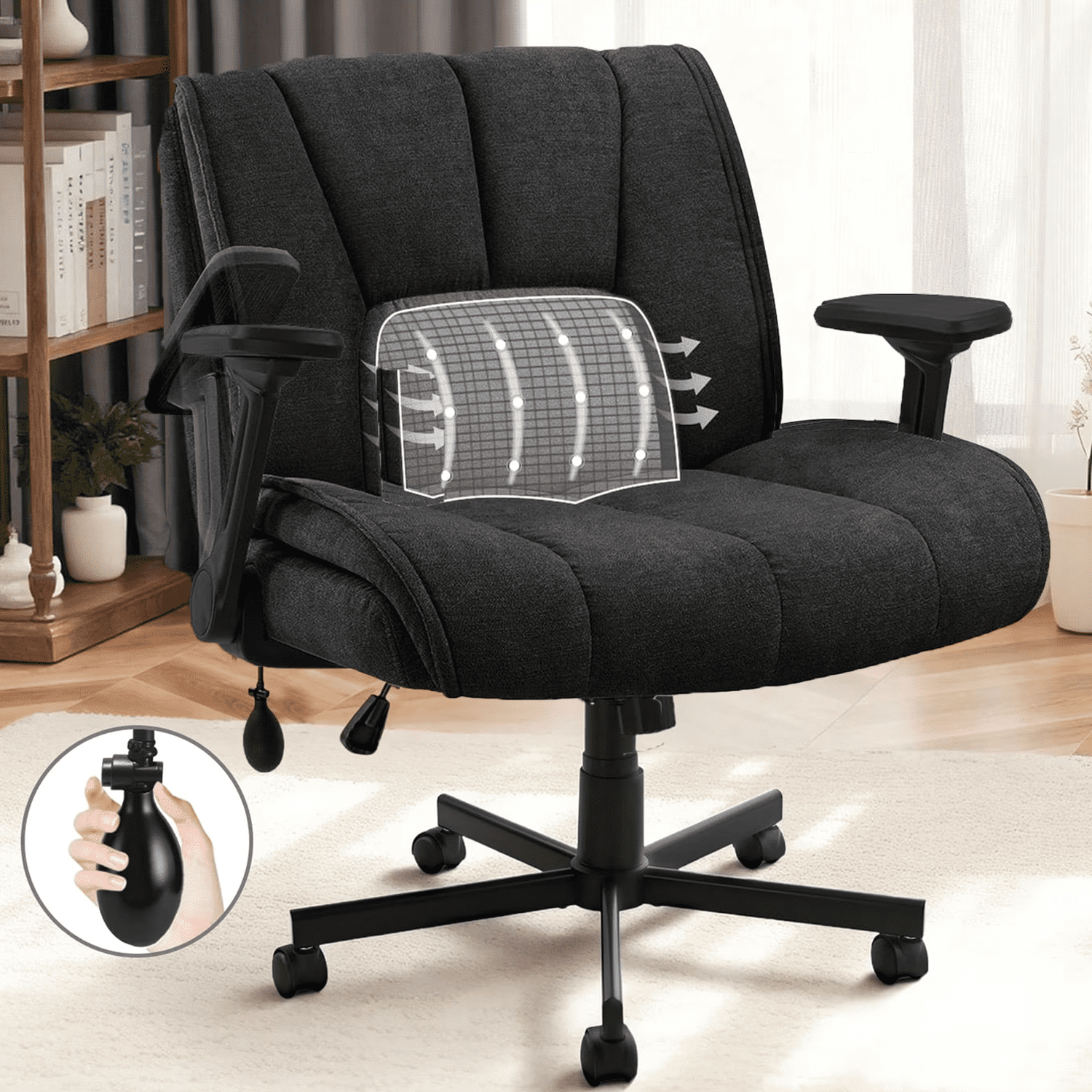 Waleaf Criss Cross Chair with Flip-Up Arms & Airbag Lumbar Support, Adjustable Height, Wide Seat Office Chair on Wheels, for Home Office, Desk, Vanity, Black