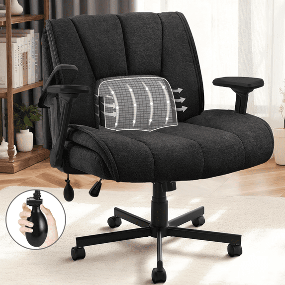 Waleaf Criss Cross Chair with Flip-Up Arms & Airbag Lumbar Support, Adjustable Height, Wide Seat Office Chair on Wheels, for Home Office, Desk, Vanity, Black