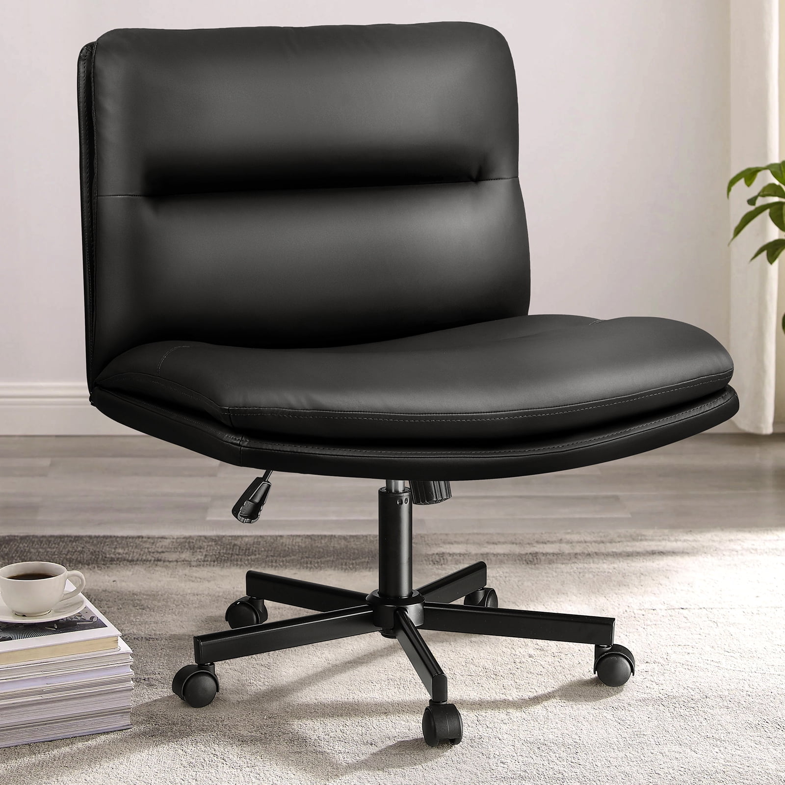 Waleaf Criss Cross Chair with Wheels,PU Leather Padded Armless Cross Legged Office Desk Chair